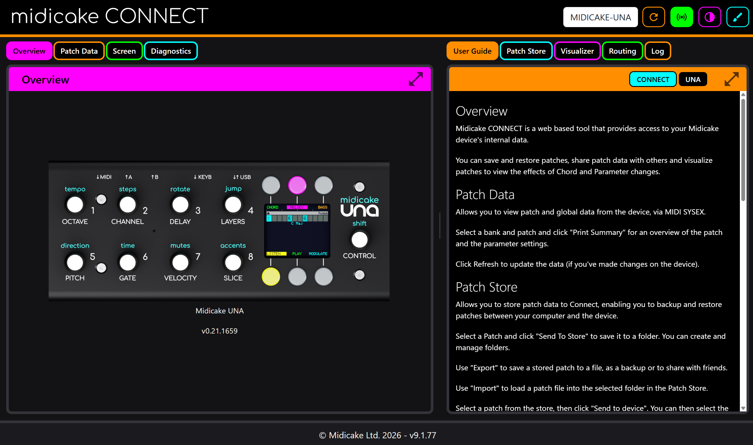 Midicake CONNECT running in a browser