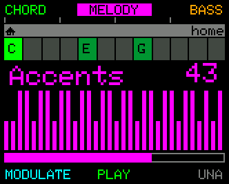 ACCENTS parameter - the 32-step rhythm preview; taller bars are the accented steps